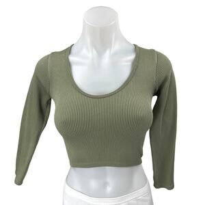 Zara Green Ribbed Knit Long Sleeve Scoop Neck Sweater T Shirt Crop Top Size XS/S